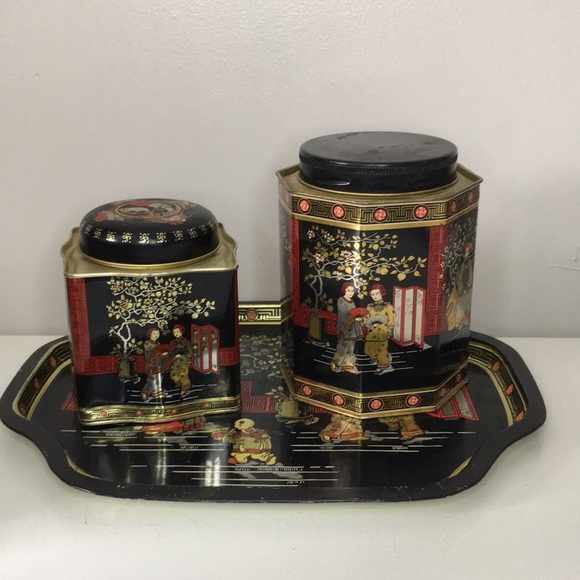 Vintage Asian Tin Tea Containers On Tray Decorative - Picture 2 of 16